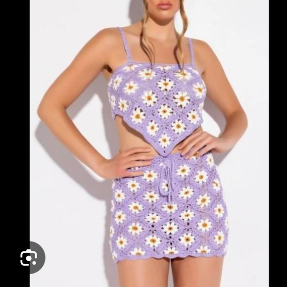 AKIRA SZ M CROCHET LAVENDER DAISIES TOP &MINI SKIRT SET FESTIVAL BOHO - Picture 2 of 7